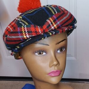 Vintage Foxhunter Plaid Cap with Red Pom-Pom Size 7